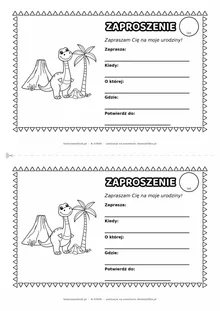 Zaproszenie na urodziny z dinozaurami do kolorowania — czarno-biały szablon, 2 karty A5 na kartce A4