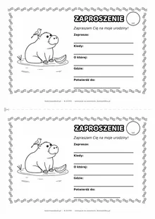 Zaproszenie na urodziny z kapibarą do kolorowania — czarno-biały szablon, 2 karty A5 na kartce A4