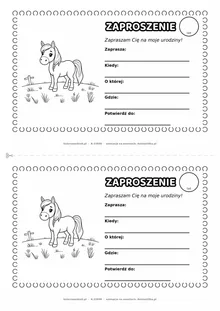 Zaproszenie na urodziny z koniem do kolorowania — czarno-biały szablon, 2 karty A5 na kartce A4