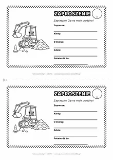Zaproszenie na urodziny z koparką do kolorowania — czarno-biały szablon, 2 karty A5 na kartce A4