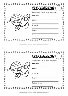 Zaproszenie na urodziny z rakietą i planetami do kolorowania — czarno-biały szablon, 2 karty A5 na kartce A4
