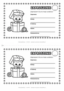 Zaproszenie na urodziny z kotem do kolorowania — czarno-biały szablon, 2 karty A5 na kartce A4