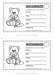 Zaproszenie na urodziny z misiem do kolorowania — czarno-biały szablon, 2 karty A5 na kartce A4