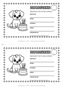 Zaproszenie na urodziny z pieskiem do kolorowania — czarno-biały szablon, 2 karty A5 na kartce A4