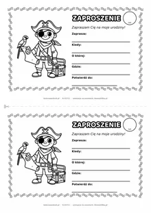 Zaproszenie na urodziny z piratem do kolorowania — czarno-biały szablon, 2 karty A5 na kartce A4