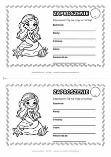 Zaproszenie na urodziny z syrenką do kolorowania — czarno-biały szablon, 2 karty A5 na kartce A4