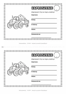 Zaproszenie na urodziny z traktorem do kolorowania — czarno-biały szablon, 2 karty A5 na kartce A4
