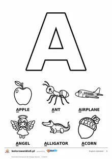 Angielski alfabet, litera A do kolorowania i sześć obrazków: apple, ant, airplane, angel, alligator, acorn — karta do druku