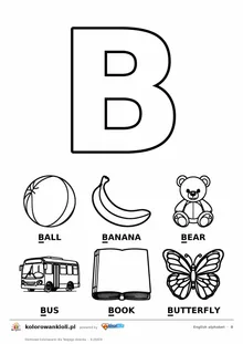 Angielski alfabet, litera B do kolorowania i sześć obrazków: ball, banana, bear, bus, book, butterfly — karta do druku