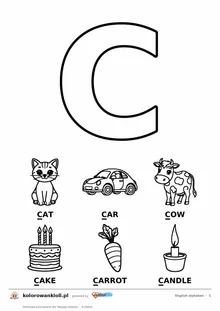 Angielski alfabet, litera C do kolorowania i sześć obrazków: cat, car, cow, cake, carrot, candle — karta do druku
