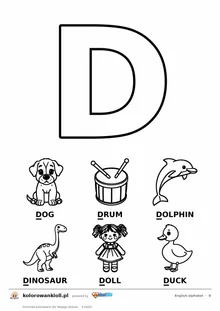 Angielski alfabet, litera D do kolorowania i sześć obrazków: dog, drum, dolphin, dinosaur, doll, duck — karta do druku