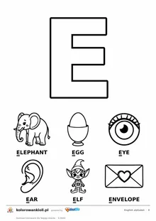 Angielski alfabet, litera E do kolorowania i sześć obrazków: elephant, egg, eye, ear, elf, envelope — karta do druku