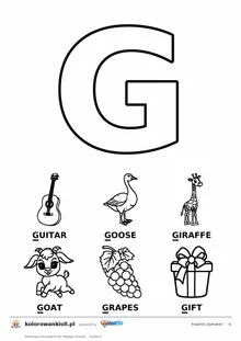 Angielski alfabet, litera G do kolorowania i sześć obrazków: guitar, goose, giraffe, goat, grapes, gift — karta do druku