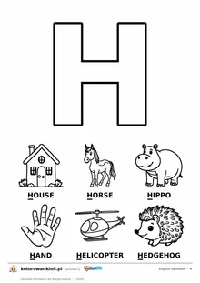 Angielski alfabet, litera H do kolorowania i sześć obrazków: house, horse, hippo, hand, helicopter, hedgehog — karta do druku