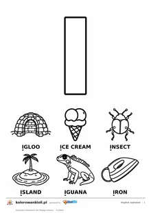 Angielski alfabet, litera I do kolorowania i sześć obrazków: igloo, ice cream, insect, island, iguana, iron — karta do druku