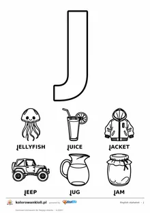 Angielski alfabet, litera J do kolorowania i sześć obrazków: jellyfish, juice, jacket, jeep, jug, jam — karta do druku