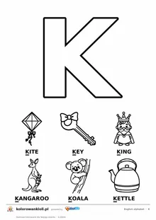 Angielski alfabet, litera K do kolorowania i sześć obrazków: kite, key, king, kangaroo, koala, kettle — karta do druku