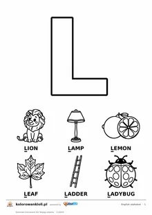 Angielski alfabet, litera L do kolorowania i sześć obrazków: lion, lamp, lemon, leaf, ladder, ladybug — karta do druku