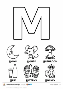 Angielski alfabet, litera M do kolorowania i sześć obrazków: moon, mouse, mushroom, milk, mittens, monkey — karta do druku