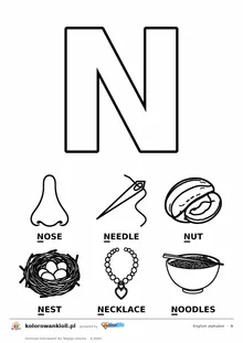 Angielski alfabet, litera N do kolorowania i sześć obrazków: nose, needle, nut, nest, necklace, noodles — karta do druku