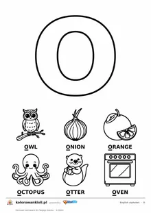 Angielski alfabet, litera O do kolorowania i sześć obrazków: owl, onion, orange, octopus, otter, oven — karta do druku