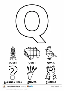 Angielski alfabet, litera Q do kolorowania i sześć obrazków: queen, quilt, quail, question mark, quiver, quokka — karta do druku