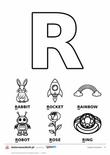 Angielski alfabet, litera R do kolorowania i sześć obrazków: rabbit, rocket, rainbow, robot, rose, ring — karta do druku