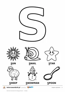 Angielski alfabet, litera S do kolorowania i sześć obrazków: sun, snail, star, sheep, snowman, spoon — karta do druku