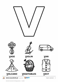Angielski alfabet, litera V do kolorowania i sześć obrazków: vase, violin, van, volcano, vegetables, vest — karta do druku