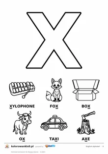 Angielski alfabet, litera X do kolorowania i sześć obrazków: xylophone, fox, box, ox, taxi, axe — karta do druku