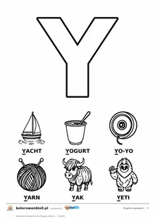 Angielski alfabet, litera Y do kolorowania i sześć obrazków: yacht, yogurt, yo-yo, yarn, yak, yeti — karta do druku
