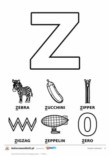 Angielski alfabet, litera Z do kolorowania i sześć obrazków: zebra, zucchini, zipper, zigzag, zeppelin, zero — karta do druku