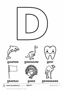 Alfabet francuski, litera D do kolorowania i sześć obrazków: dauphin, dinosaure, dent, drapeau, dinde, dromadaire — karta do druku