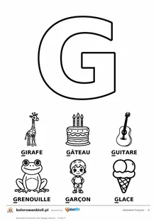 Alfabet francuski, litera G do kolorowania i sześć obrazków: girafe, gâteau, guitare, grenouille, garçon, glace — karta do druku
