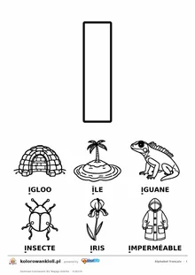 Alfabet francuski, litera I do kolorowania i sześć obrazków: igloo, île, iguane, insecte, iris, imperméable — karta do druku