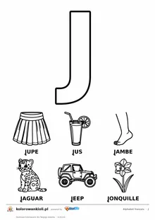 Alfabet francuski, litera J do kolorowania i sześć obrazków: jupe, jus, jambe, jaguar, jeep, jonquille — karta do druku