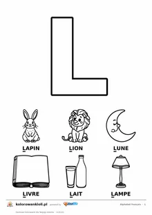 Alfabet francuski, litera L do kolorowania i sześć obrazków: lapin, lion, lune, livre, lait, lampe — karta do druku