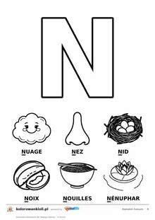 Alfabet francuski, litera N do kolorowania i sześć obrazków: nuage, nez, nid, noix, nouilles, nénuphar — karta do druku