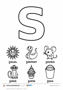 Alfabet francuski, litera S do kolorowania i sześć obrazków: soleil, serpent, souris, singe, sapin, seau — karta do druku