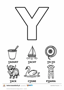 Alfabet francuski, litera Y do kolorowania i sześć obrazków: yaourt, yacht, yo-yo, yack, cygne, pyjama — karta do druku
