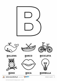 Alfabet hiszpański, litera B do kolorowania i sześć obrazków: ballena, barco, bicicleta, búho, boca, bombilla — karta do druku
