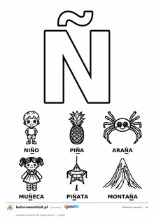 Alfabet hiszpański, litera Ñ do kolorowania i sześć obrazków: niño, piña, araña, muñeca, piñata, montaña — karta do druku