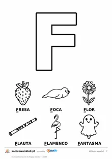 Alfabet hiszpański, litera F do kolorowania i sześć obrazków: fresa, foca, flor, flauta, flamenco, fantasma — karta do druku