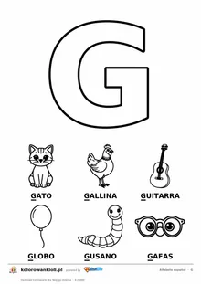 Alfabet hiszpański, litera G do kolorowania i sześć obrazków: gato, gallina, guitarra, globo, gusano, gafas — karta do druku