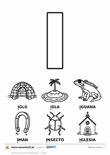 Alfabet hiszpański, litera I do kolorowania i sześć obrazków: iglú, isla, iguana, imán, insecto, iglesia — karta do druku