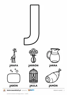 Alfabet hiszpański, litera J do kolorowania i sześć obrazków: jirafa, jarrón, jarra, jabón, jaula, jamón — karta do druku