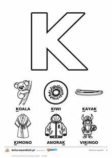 Alfabet hiszpański, litera K do kolorowania i sześć obrazków: koala, kiwi, kayak, kimono, anorak, vikingo — karta do druku