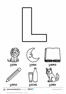 Alfabet hiszpański, litera L do kolorowania i sześć obrazków: león, luna, libro, lápiz, leche, lobo — karta do druku