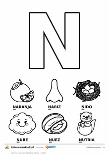 Alfabet hiszpański, litera N do kolorowania i sześć obrazków: naranja, nariz, nido, nube, nuez, nutria — karta do druku