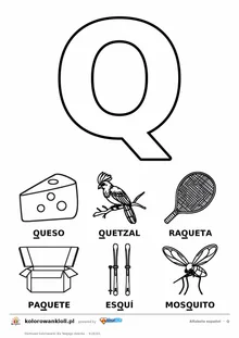 Alfabet hiszpański, litera Q do kolorowania i sześć obrazków: queso, quetzal, raqueta, paquete, esquí, mosquito — karta do druku